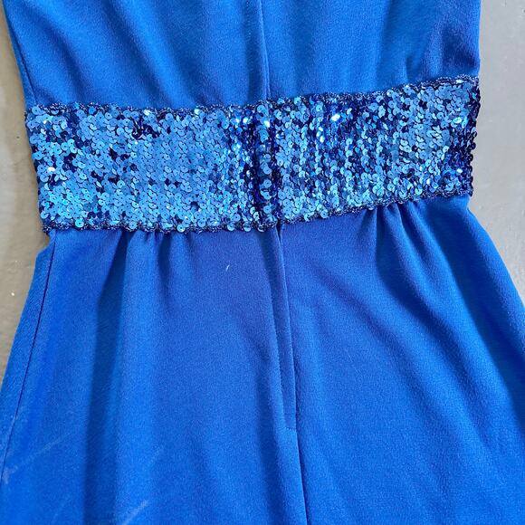 Vintage 70s Blue Maxi Dress Fitted Sleeveless Gown Dress Small Sequin Trim - Picture 10 of 11